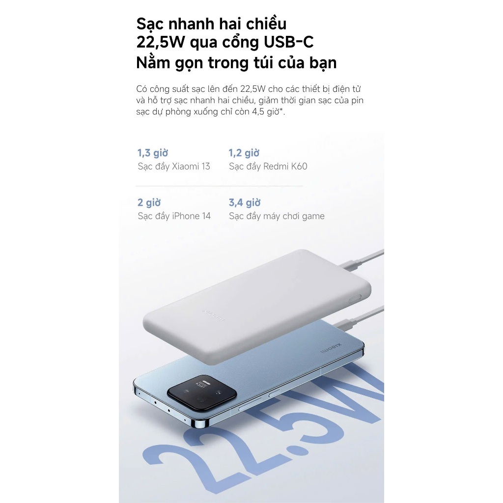 Sạc dự phòng Xiaomi Power Bank 10000mAh 22.5W Lite BHR9350GL - Sạc đồng thời ba thiết bị - Công suất tối đa 22,5W