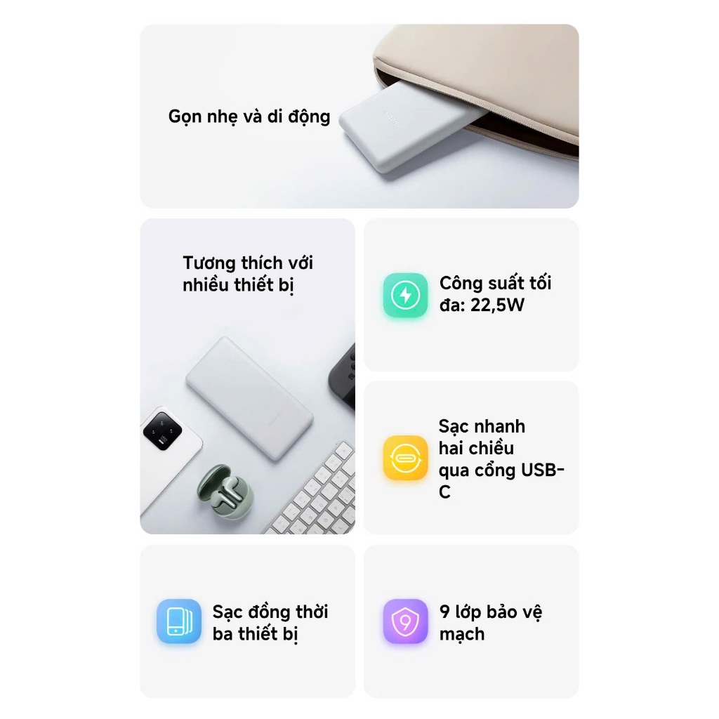 Sạc dự phòng Xiaomi Power Bank 10000mAh 22.5W Lite BHR9350GL - Sạc đồng thời ba thiết bị - Công suất tối đa 22,5W