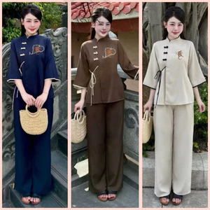 Đồ đi chùa cho nữ cách tân thêu "PHÚC", chất liệu lien tay lỡ phối viền tôn dáng, thanh lịch| Đồ Lam An Nhiên