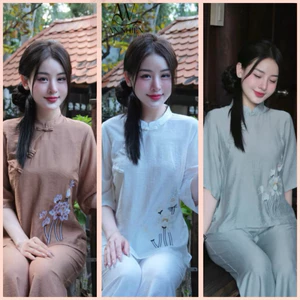 Hàng thiết kế cao cấp Đồ lam tiểu thư đi lễ thêu sen tay lỡ mềm mại thanh lịch | Đồ Lam An Nhiên