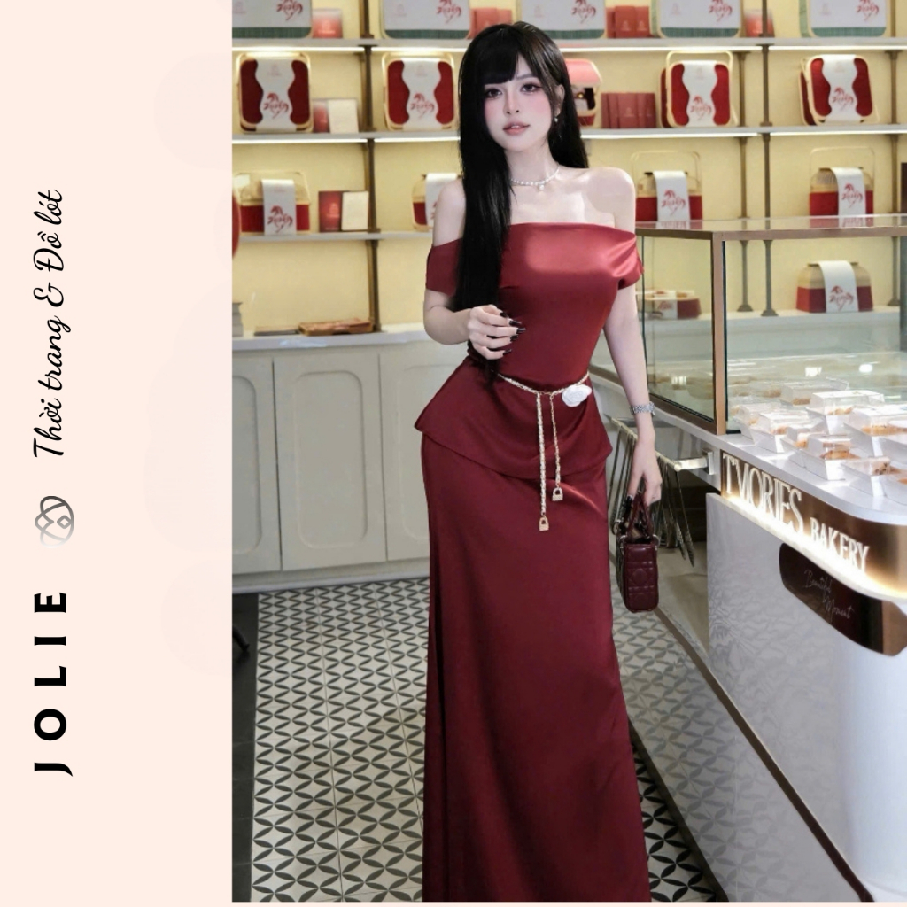 Sét Váy Dài Trễ Vai Jolie  – Đầm Dự Tiệc Dáng Ôm Sang Trọng (Kèm Phụ Kiện Hoa Eo)