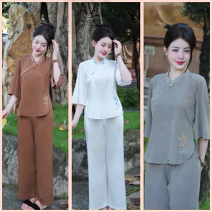 Bộ pháp phục đi lễ chùa lụa trượt Hàn cao cấp, cổ tim vạt chéo thêu viền | Đồ Lam An Nhiên
