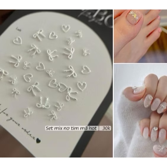 Sét 30v tim nơ mix trang trí gắn móng nail-phụ kiện nail giá rẻ