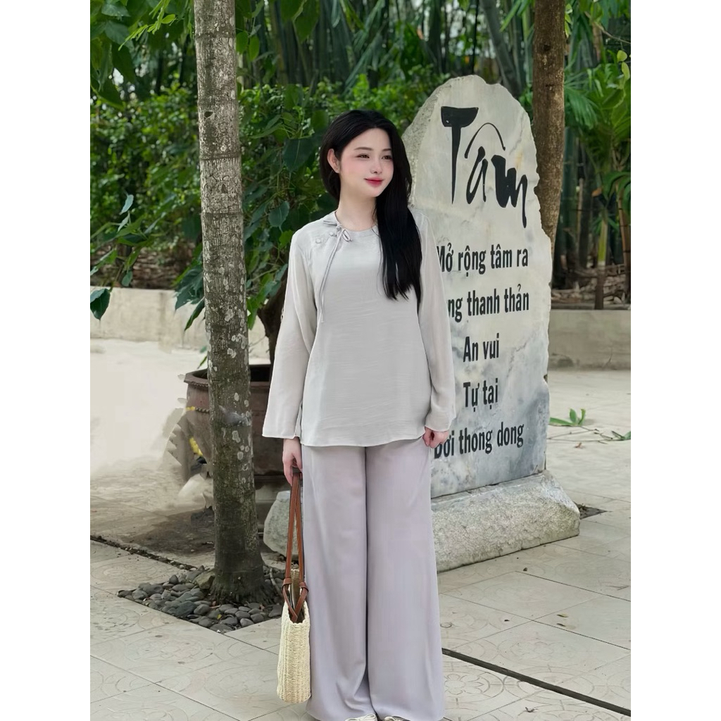 Đồ Lam Cao Cấp Bộ Pháp Phục Xô Linen Phối Quần Lụa Trượt Kết Nơ | Đồ Lam An Nhiên