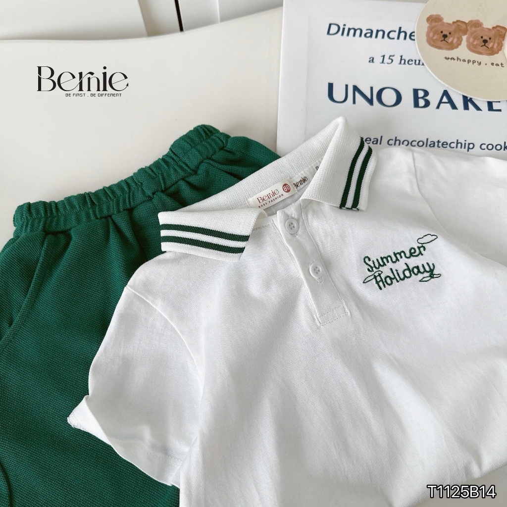 Bộ polo summer holiday áo thun thêu chữ quần cá sấu cá, bộ cotton cổ đức mềm mát bé trai
