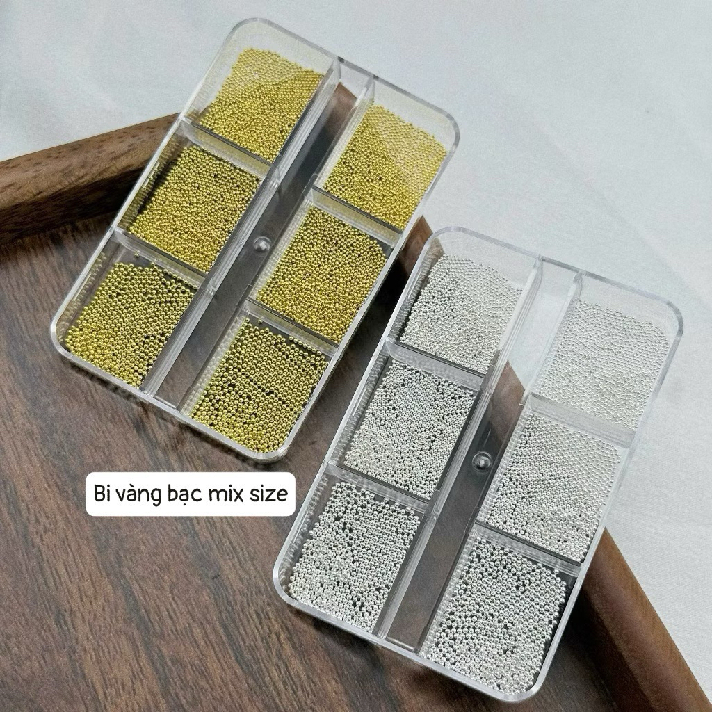 Bi mini trang trí nail,khay bi 6 ô mix size sẵn 2 màu vàng bạc