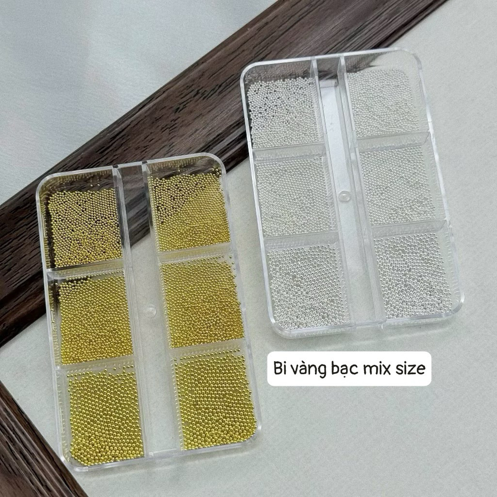 Bi mini trang trí nail,khay bi 6 ô mix size sẵn 2 màu vàng bạc