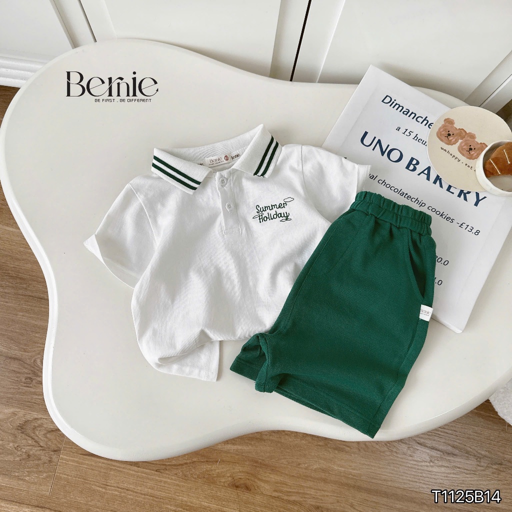 Bộ polo summer holiday áo thun thêu chữ quần cá sấu cá, bộ cotton cổ đức mềm mát bé trai
