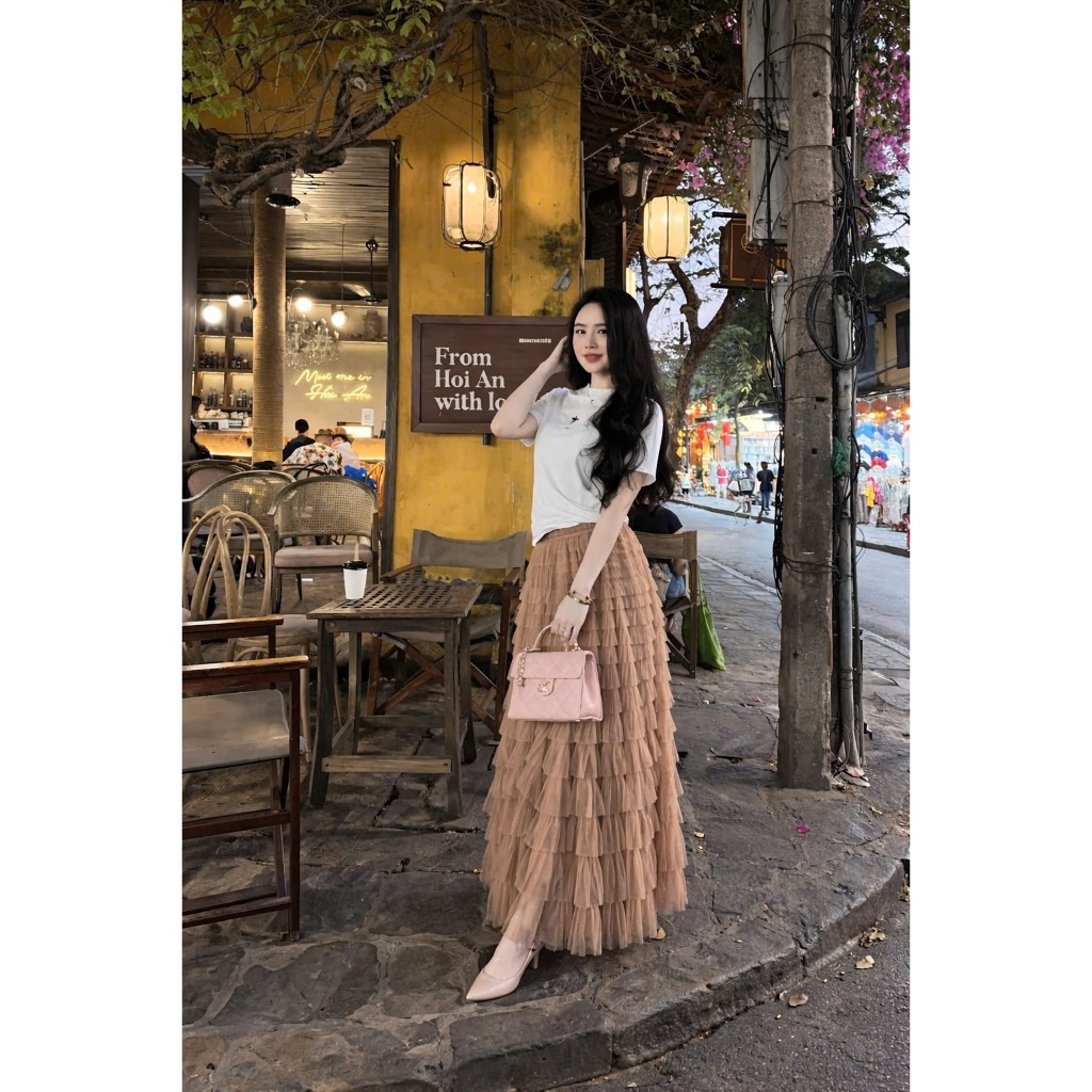 ZIMM STORE-Chân váy voan lưới tầng phong cách Hàn Quốc mix áo phông đơn giản