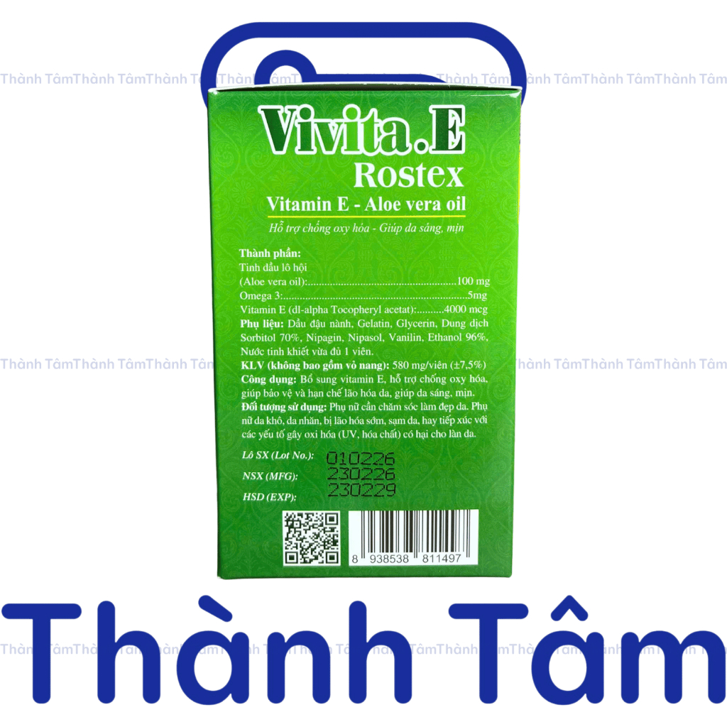 ( CHAI XANH LÁ ) Vitamin Vivita E ROSTEX hỗ trợ làm đẹp da, trắng sáng da, có thể thoa lên mặt - Hộp 50 Viên