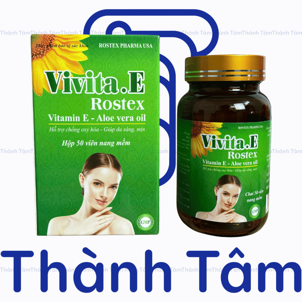 ( CHAI XANH LÁ ) Vitamin Vivita E ROSTEX hỗ trợ làm đẹp da, trắng sáng da, có thể thoa lên mặt - Hộp 50 Viên