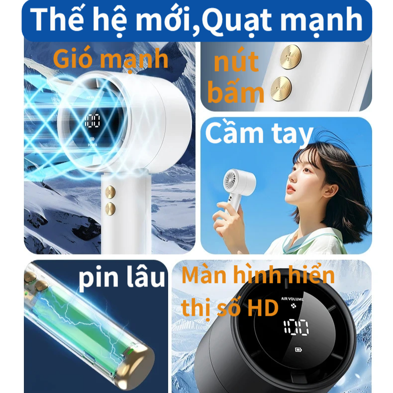 Quạt cầm tay N68 gió siêu mạnh, điều chỉnh vô cấp 100 tốc độ, pin 5000mAh siêu bền, quạt mini di động chống nóng mùa hè