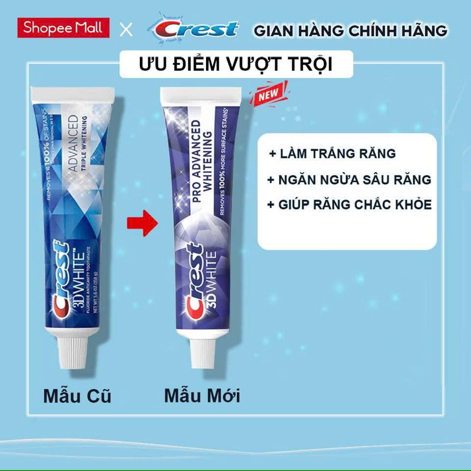 [HÀNG MỸ] Kem đánh răng Crest 3D White Pro Advanced Whitening Hỗ Trợ Dưỡng Trắng Răng, Sạch Răng 147g