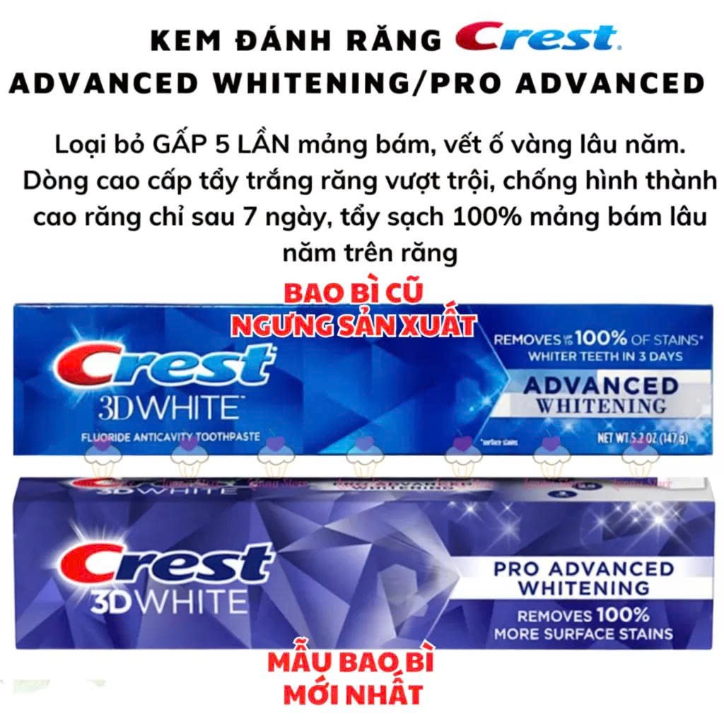 [HÀNG MỸ] Kem đánh răng Crest 3D White Pro Advanced Whitening Hỗ Trợ Dưỡng Trắng Răng, Sạch Răng 147g