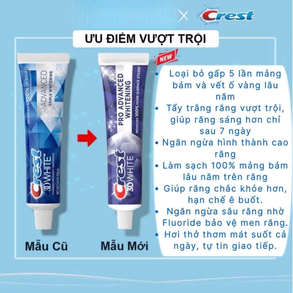 [HÀNG MỸ] Kem đánh răng Crest 3D White Pro Advanced Whitening Hỗ Trợ Dưỡng Trắng Răng, Sạch Răng 147g