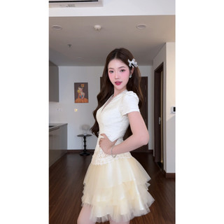 Set đồ nữ áo ren hoa cổ V + chân váy lưới tầng xòe HB.Studio S88