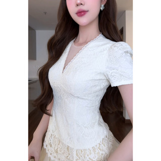 Set đồ nữ áo ren hoa cổ V + chân váy lưới tầng xòe HB.Studio S88