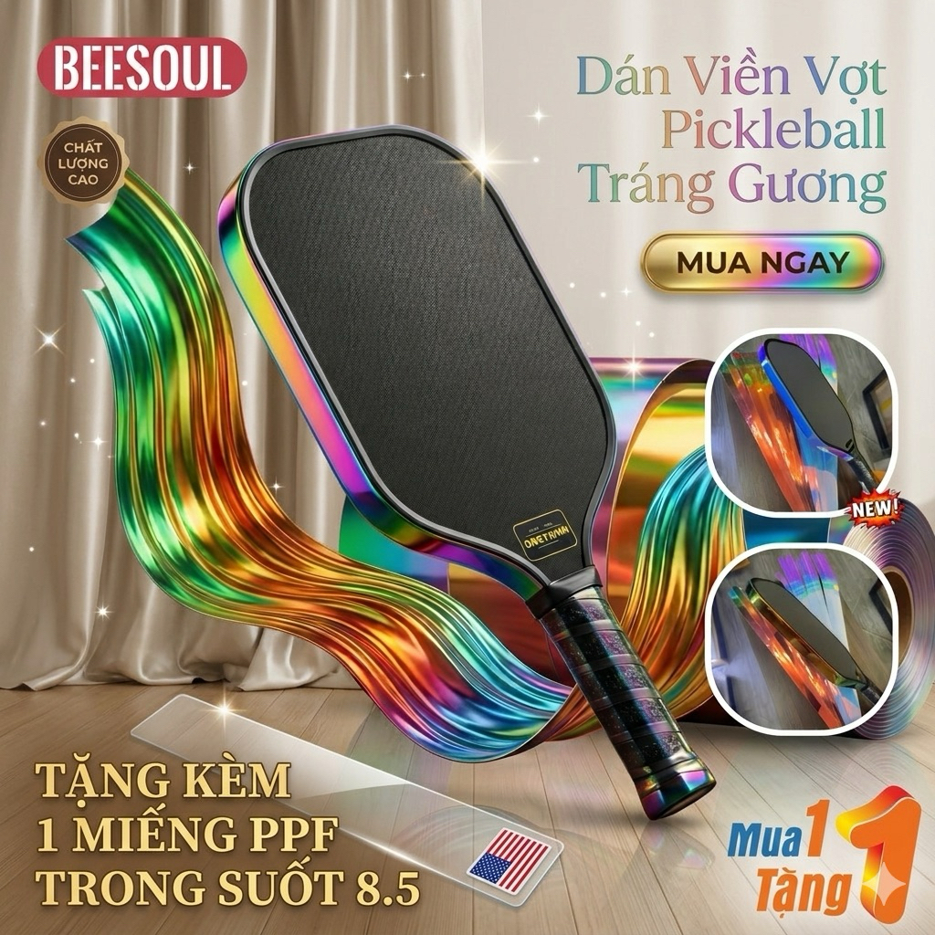 Dán viền vợt Pickleball Nhũ 5D phản quang 16mm 14mm và Crom tráng Gương chất liệu dày dặn siêu đẹpBS