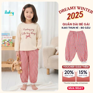 Quần dài bé gái ILABY quần chun bo gấu họa tiết kẻ phối ren gấu form rộng thoải mái [3468]