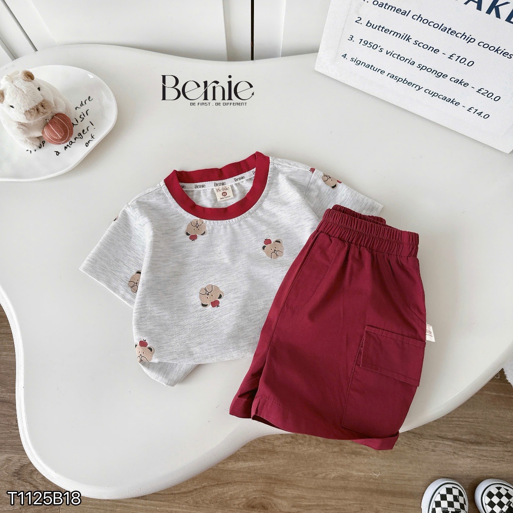 Bộ cotton in hoạ tiết gấu quần kaki, bộ thun cổ tròn áo cotton quần kaki cho bé