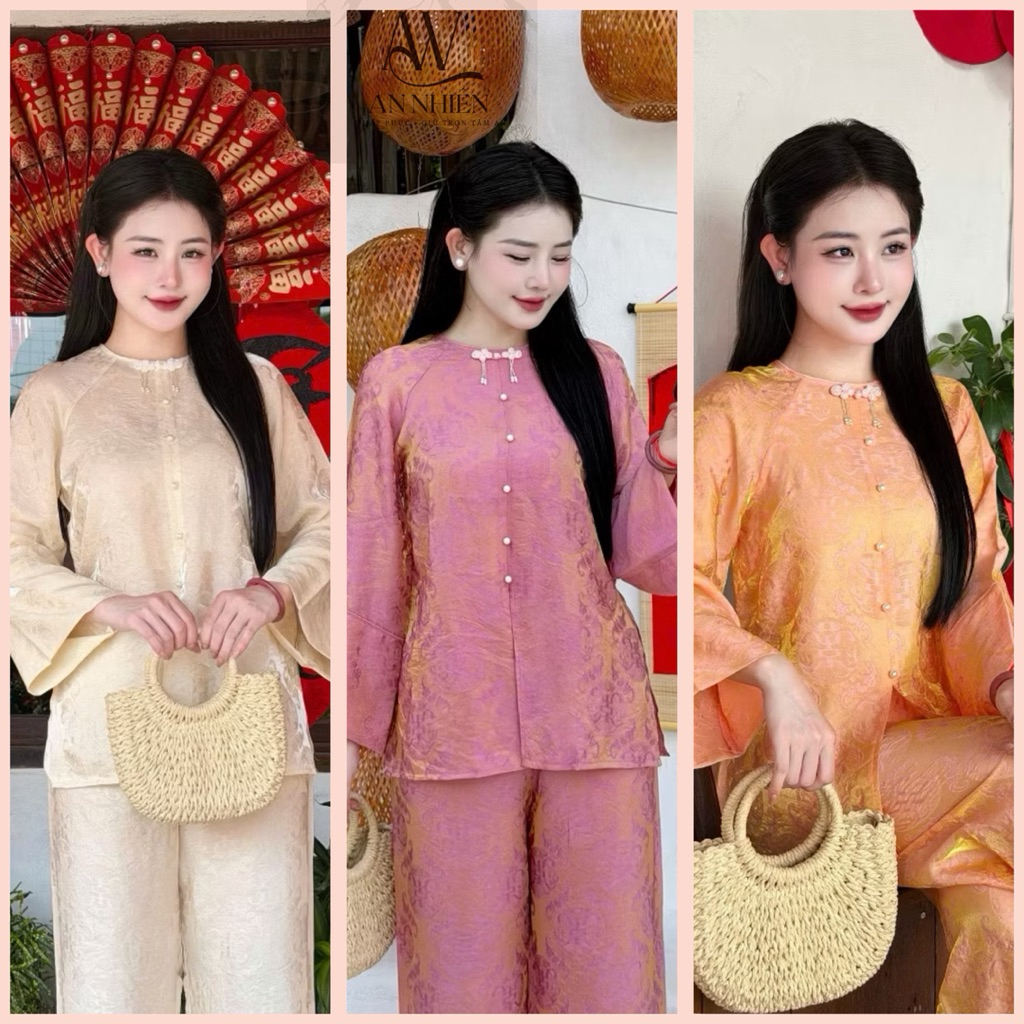 Bộ bà ba Tằm Tencel hoạ tiết Thọ rơi from suông thanh lịch, Pháp phục cao cấp | Đồ Lam An Nhiên