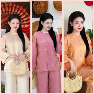 Bộ bà ba Tằm Tencel hoạ tiết Thọ rơi from suông thanh lịch, Pháp phục cao cấp | Đồ Lam An Nhiên