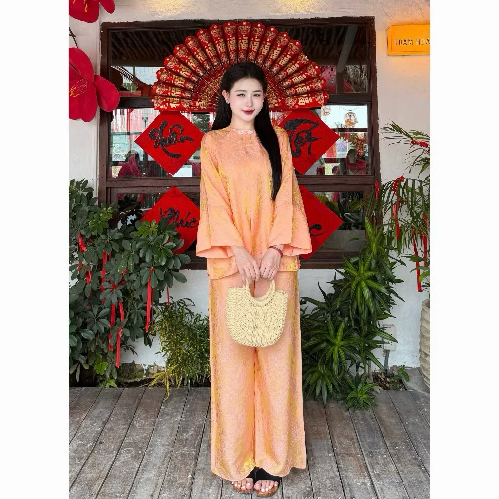 Bộ bà ba Tằm Tencel hoạ tiết Thọ rơi from suông thanh lịch, Pháp phục cao cấp | Đồ Lam An Nhiên