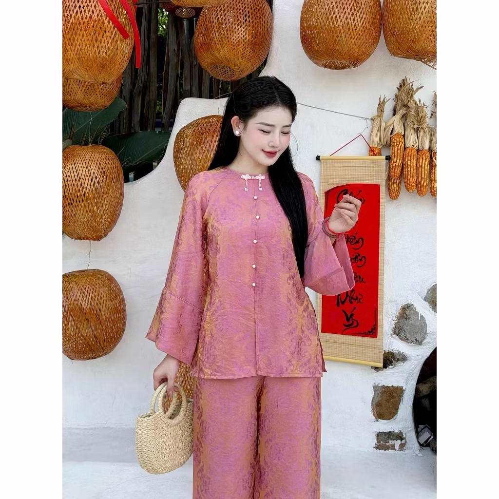 Bộ bà ba Tằm Tencel hoạ tiết Thọ rơi from suông thanh lịch, Pháp phục cao cấp | Đồ Lam An Nhiên