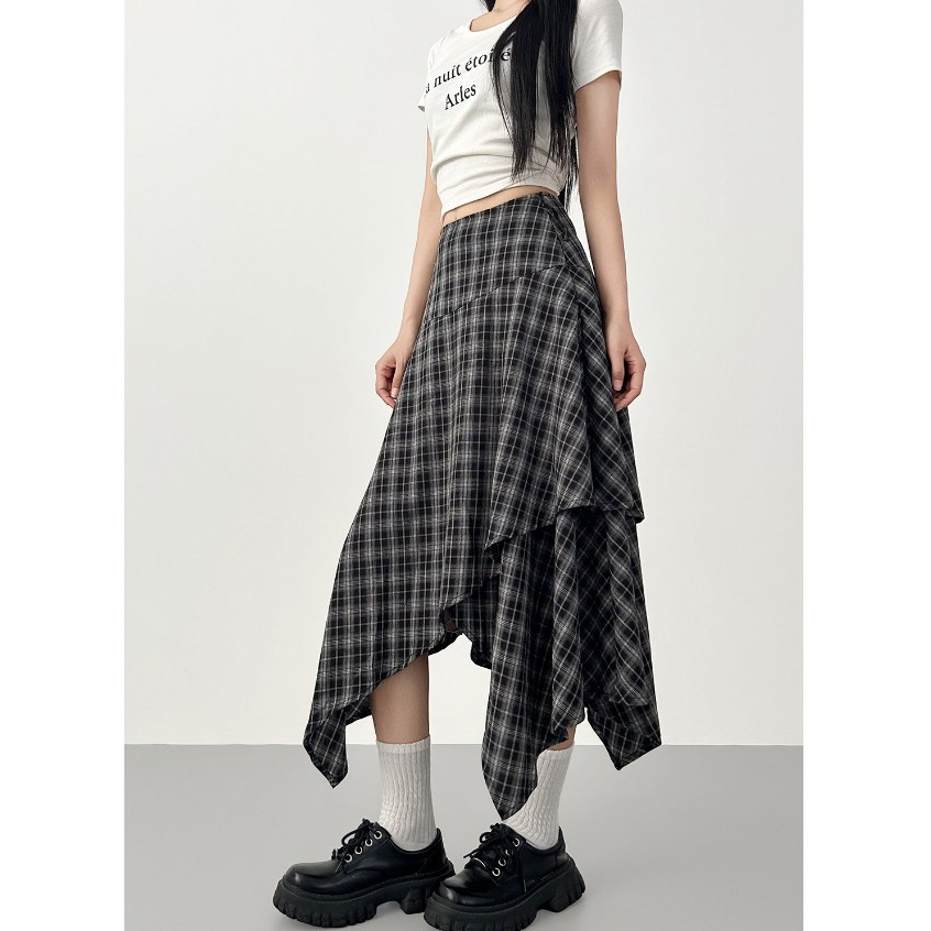 [KH09] Chân váy caro dáng dài bất đối xứng màu xám phong cách vintage cá tính | KHAO Boutique