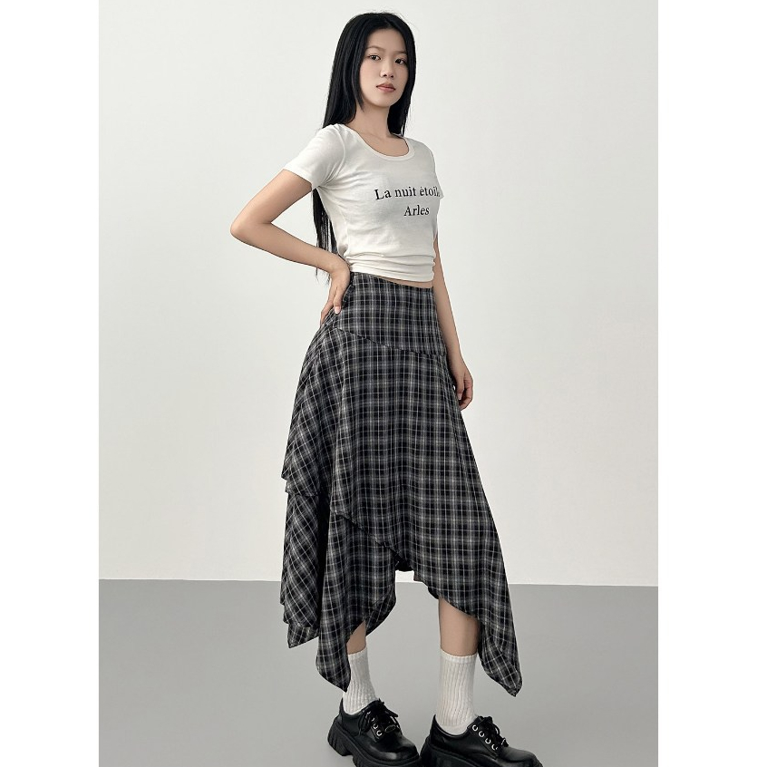 [KH09] Chân váy caro dáng dài bất đối xứng màu xám phong cách vintage cá tính | KHAO Boutique
