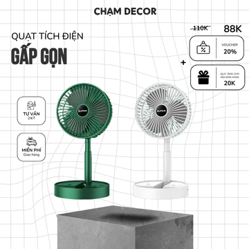 Chạm Decor Quạt Tích Điện Gấp Gọn Thông Minh - Quạt Để Bàn Chạy Pin Sạc USB Đa Năng, Có Thể Thu Gọn Chiều Cao