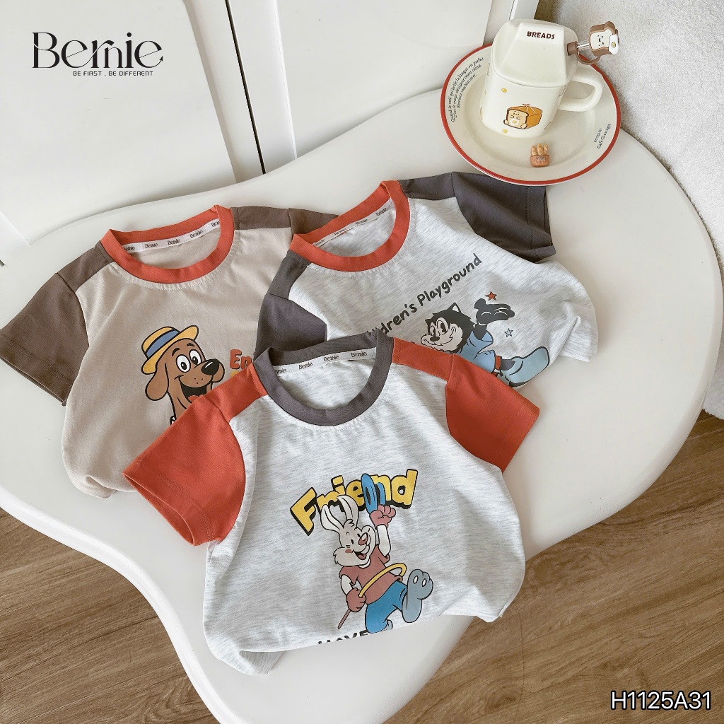 Áo phông cộc tay phối in hình bé trai, áo thun cổ tròn cotton mềm mát cho bé