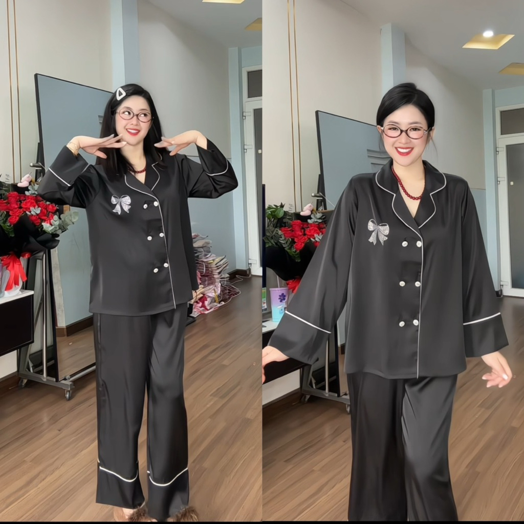 Vest lụa mịn - Bộ pijama TAY DÀI phom VEST TO RỘNG 6 nút sang women