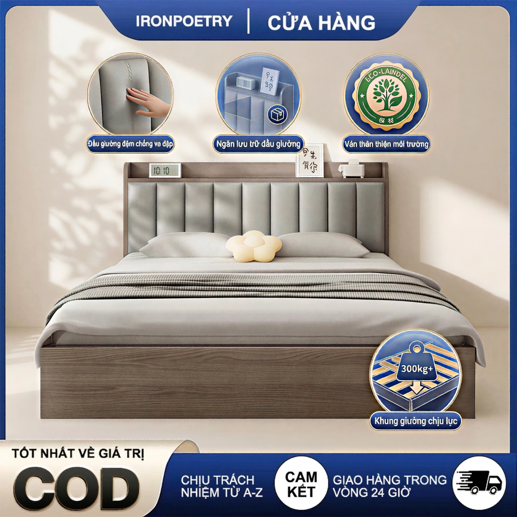 Giường Gỗ 1m6x2m MDF Melamine Cao Cấp - Giường Ngủ Đôi Hiện Đại Chống Ẩm Có Kệ Đầu Giường Thông Minh