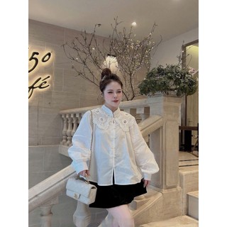 Áo sơ mi trắng thô boi Loại 1 thiết kế cổ tàu phối ren thêu, Áo kiểu nữ công sở tiểu thư sang chảnh