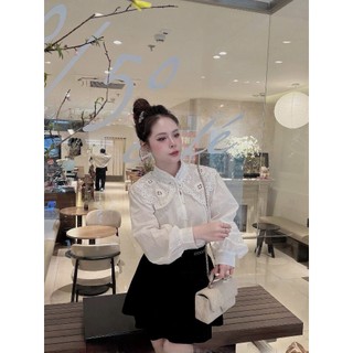 Áo sơ mi trắng thô boi Loại 1 thiết kế cổ tàu phối ren thêu, Áo kiểu nữ công sở tiểu thư sang chảnh