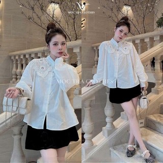 Áo sơ mi trắng thô boi Loại 1 thiết kế cổ tàu phối ren thêu, Áo kiểu nữ công sở tiểu thư sang chảnh