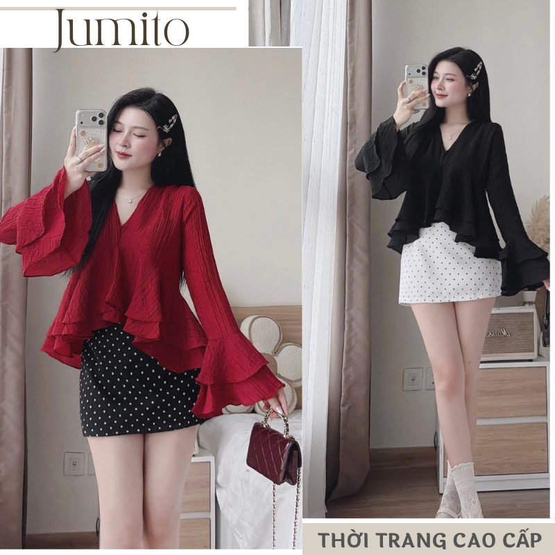 Set áo kiểu nữ tay loe, bộ quần áo nữ áo voan bèo phối chân váy ôm chấm bi JUMITO HCOM27095