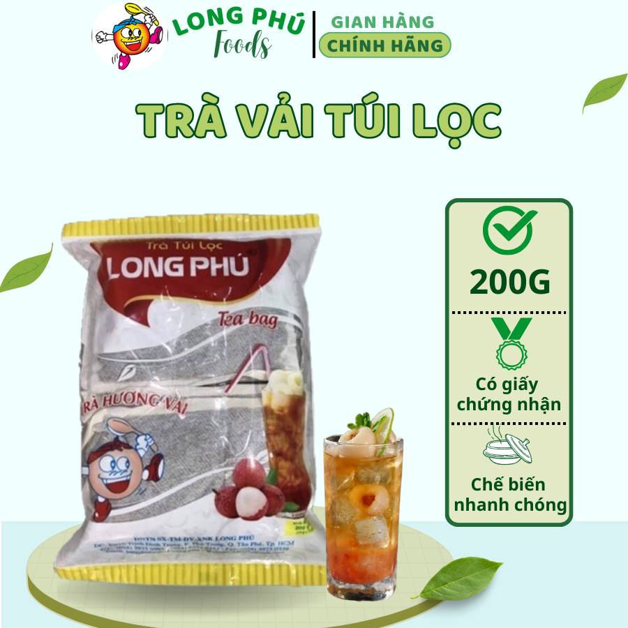 Trà Vải Túi Lọc LONG PHÚ Gói 200gr (20gr * 10 túi) - Đậm Vị, Thơm Lâu, Nguyên Liệu Trà Sữa, Trà Trái Cây