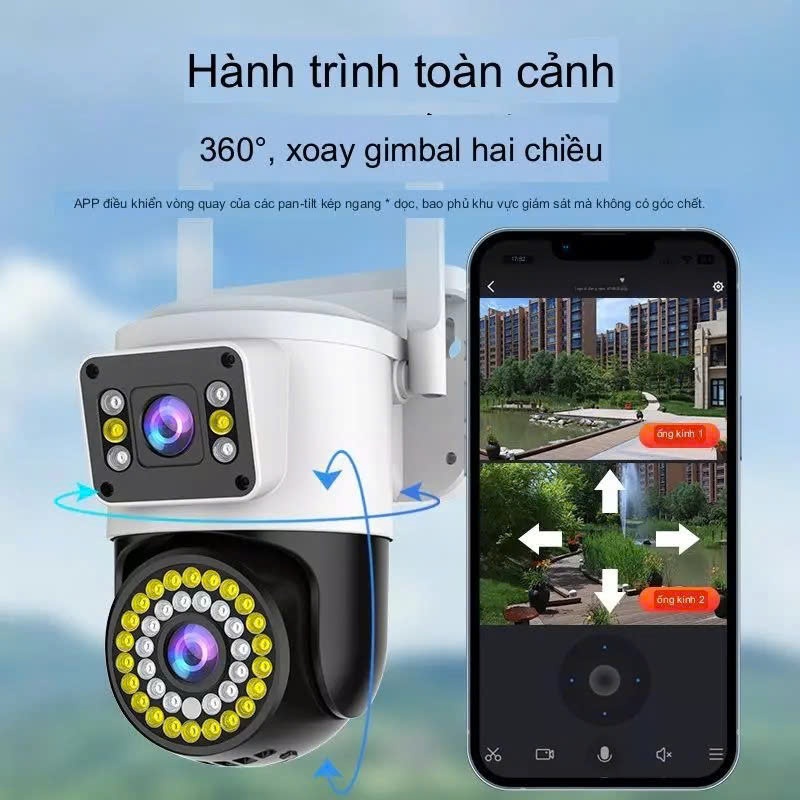 Camera WiFi Ngoài Trời 2 Ống Kính 2 Màn Hình – Xoay 360° – 36 Đèn LED Hồng Ngoại – Quan Sát Ban Đêm