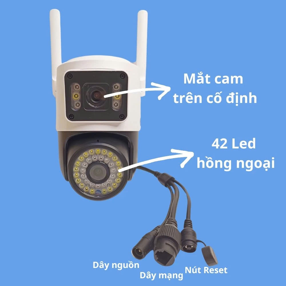 Camera WiFi Ngoài Trời 2 Ống Kính 2 Màn Hình – Xoay 360° – 36 Đèn LED Hồng Ngoại – Quan Sát Ban Đêm