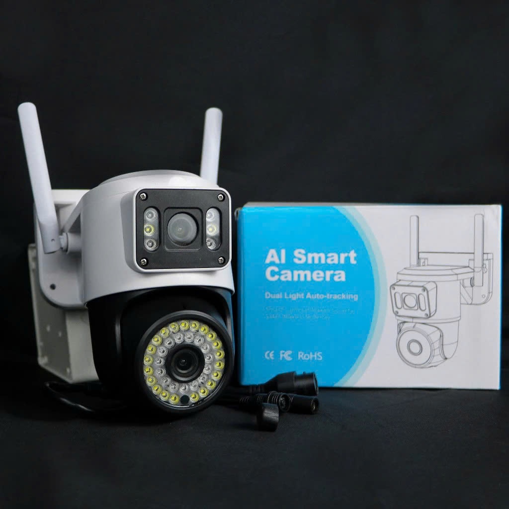 Camera WiFi Ngoài Trời 2 Ống Kính 2 Màn Hình – Xoay 360° – 36 Đèn LED Hồng Ngoại – Quan Sát Ban Đêm