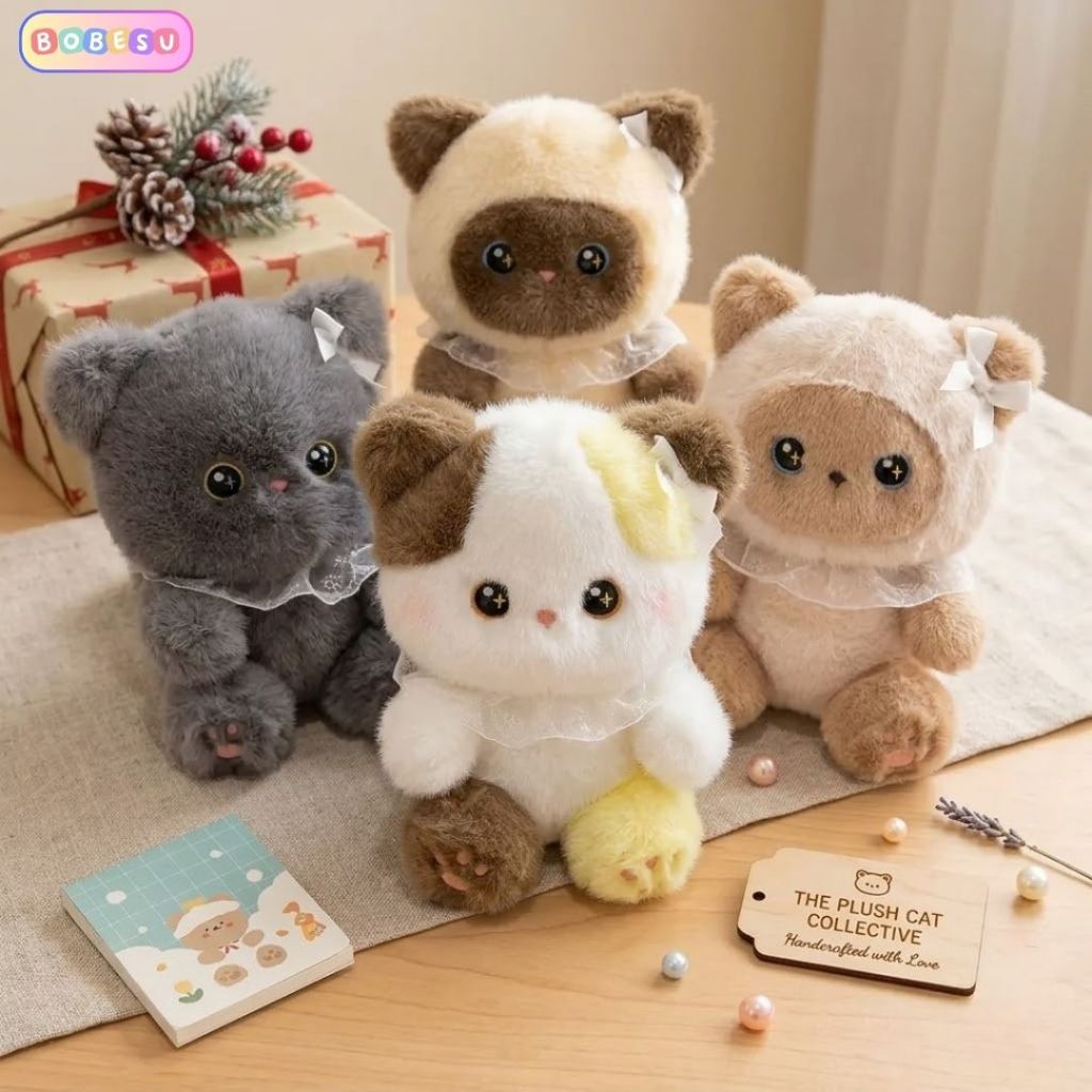 Gấu Bông Mèo Mắt Sao Đeo Ren Cổ Dễ Thương, Mèo Bông Lông Tơ Mềm Mại Size Nhỏ Làm Quà Tặng Cho Bé, Bạn Gái, Bobesu