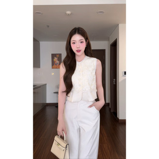 Set áo ren hoa nổi không tay + quần ống suông nữ cao cấp HB.Studio S98