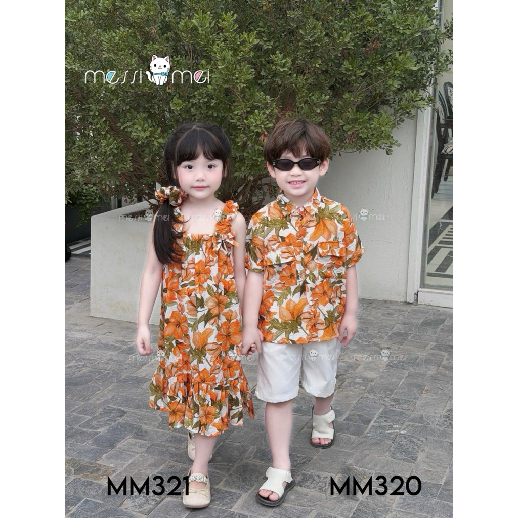 Set Đi Biển Đôi Bé Trai Bé Gái MM 1-10Y (8-40kg), Bộ Bé Trai và Váy Bé Gái Kèm Dây Buộc Tóc