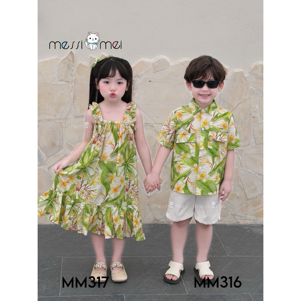 Set Đi Biển Đôi Bé Trai Bé Gái MM 1-10Y (8-40kg), Bộ Bé Trai và Váy Bé Gái Kèm Dây Buộc Tóc