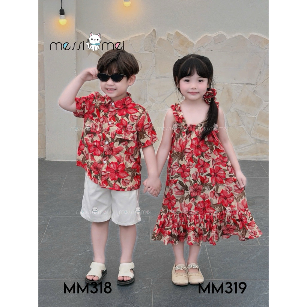 Set Đi Biển Đôi Bé Trai Bé Gái MM 1-10Y (8-40kg), Bộ Bé Trai và Váy Bé Gái Kèm Dây Buộc Tóc