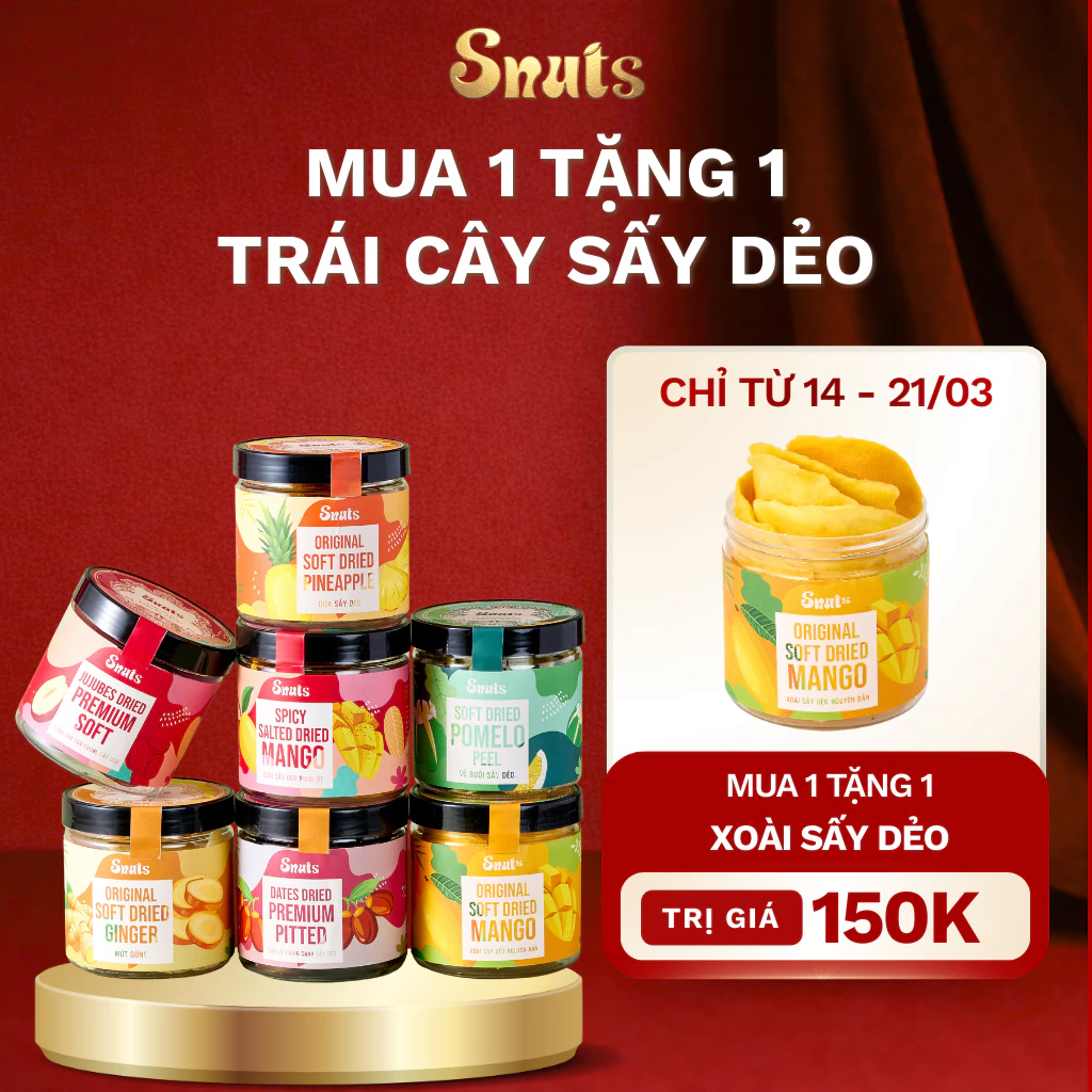 Trái Cây Sấy Dẻo SNUTS - Táo đỏ, Gừng, Dứa, Vỏ bưởi, Xoài, Chà Là, Mứt Trái Cây Healthy