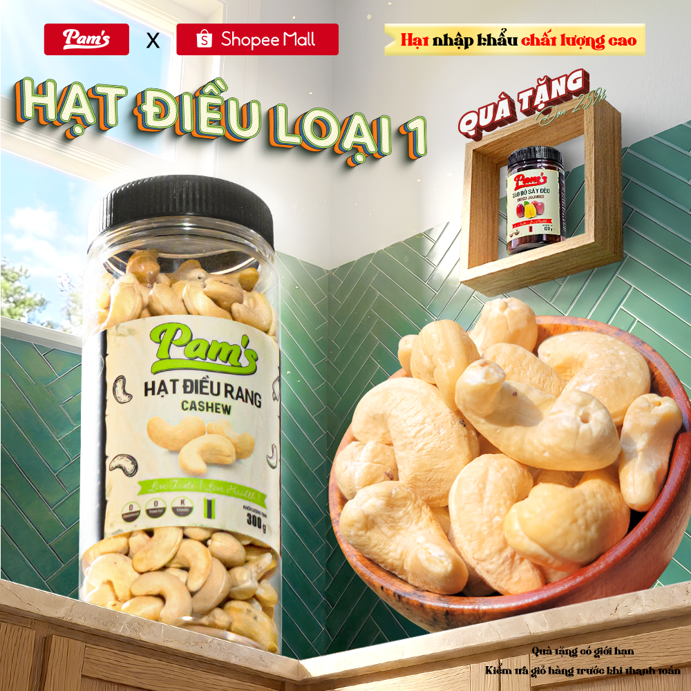 Hạt Điều Rang Nguyên Vị Loại 1 Pams hũ 300g - Nhân Dày Cơm Sạch Vỏ
