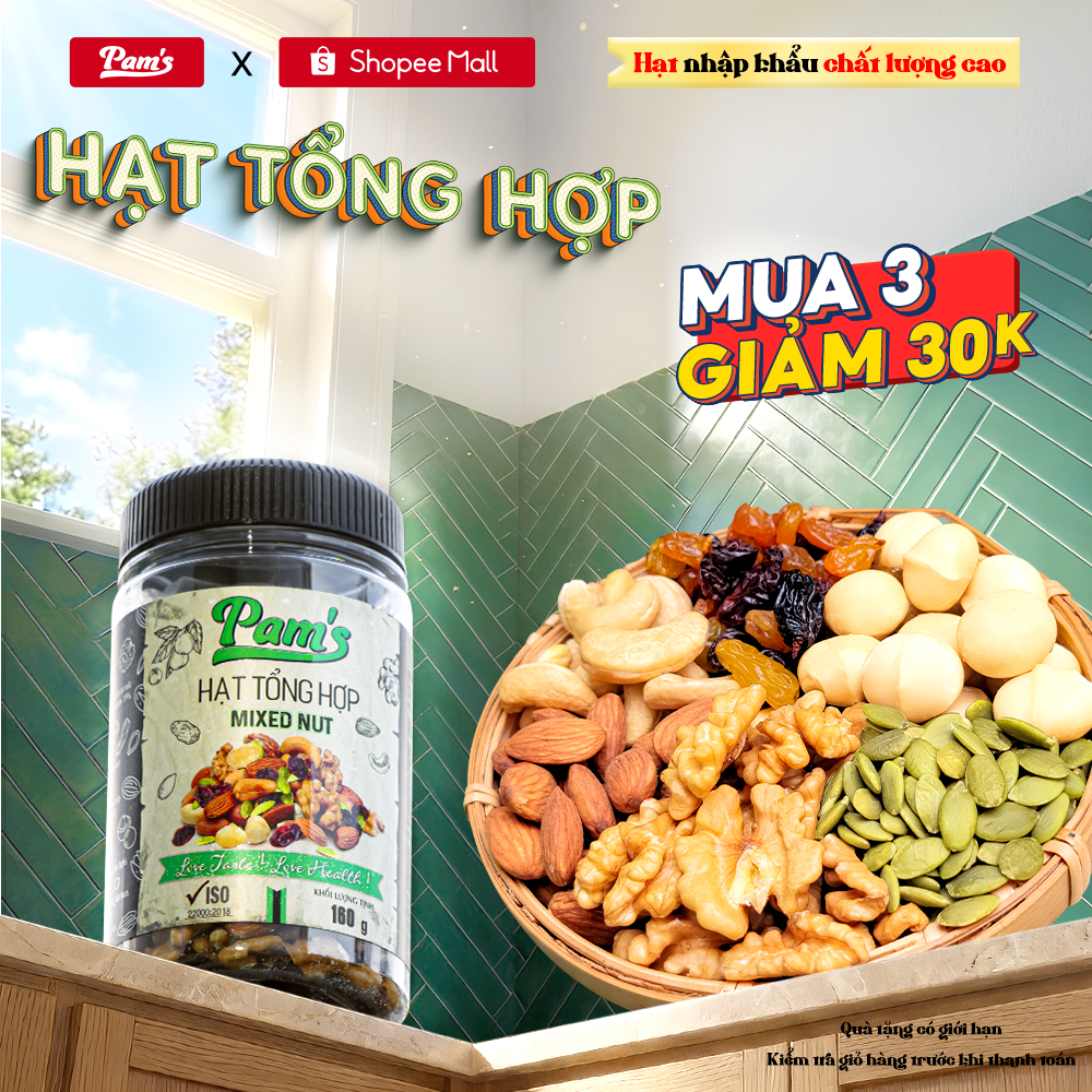 Hạt Dinh Dưỡng Mix 6 Loại Pams 160g/hũ - Macca, Hạnh Nhân, Nhân Hạt Óc Chó, Hạt Bí, Hạt Điều, Nho Úc